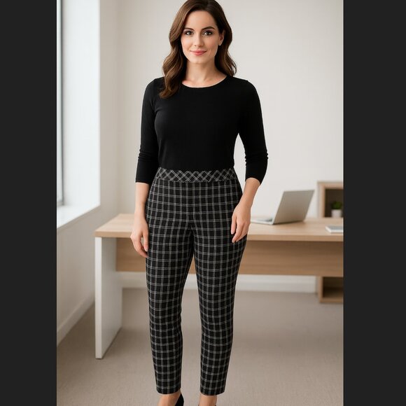 J. Jill Premium Bi-Stretch Gingham Check Pants Black White Zip Mid Rise Sz 8P - Picture 1 of 15